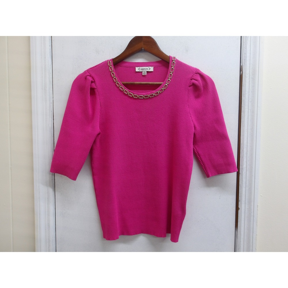 Nanette‎ Lepore Magenta Ribbed Knit Top Gold Chain Neck Puff Sleeve Medium